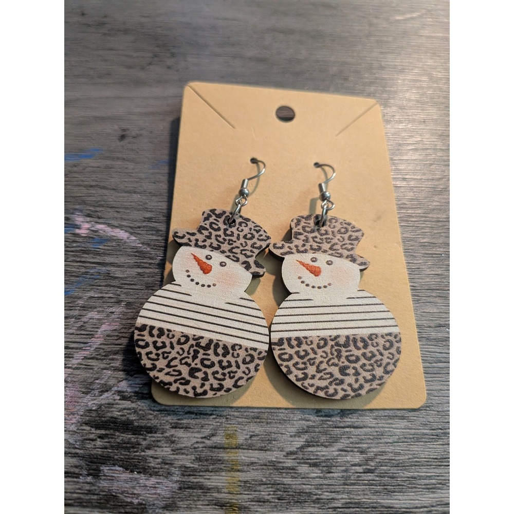 Snowman Drop Earrings Leopard Print Cheetah Stripes Christmas Holiday Jewelry